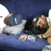 Sam and ET asleep on the train from Istanbul to the Turkey/Greece border