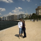ET and Sally in front of the White Tower and Thessaloniki\'s waterfront