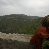 Lisa in Moni Agios Triados looking out toward the other monasteries