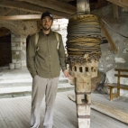 Sam next to the winching pole in Moni Agios Triados