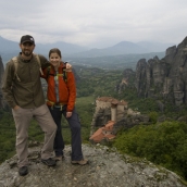 Sam and Lisa with Moni Agias Varvaras Rousanou and Moni Agiou Nikolaou Anapafsa in the distance