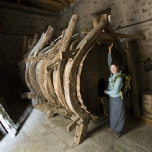 Lisa next to Moni Varlaam\'s wine barrel!