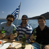 Tariq, ET and Greg enjoying a Mythos or two