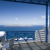 View of Thirasia and Nea Kameni from our deck at Gaby's Apartments