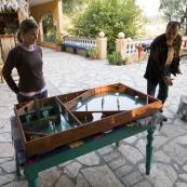 Lisa and Themis playing ancient pinball at Rolling Stone