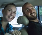 Sophie and Sam in the car on the way to Kota