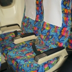 The colorful cabin decor on our flight from Hanoi to Luang Prabang