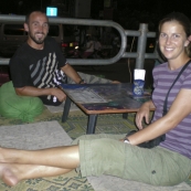 Sam and Lisa about to have a beer on the banks of the Mekong River