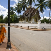 A monk walking in front of the wat at the Royal Palace Museum