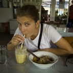 Lisa enjoying lunch at our favorite lunch spot in Vientiane: PVO on the banks of the Mekong