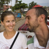 Lisa and Sam having a few drinks at the food stalls along the Mekong