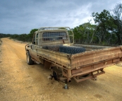 Abandoned LandCruiser with a broken axle in Iron Range National Park