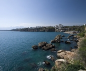 View of Hidirlik Kulesi and Antalya Bay from the cliffs near our hotel