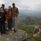 ET, Sally, Sam and Lisa with Moni Agias Varvaras Rousanou and Moni Agiou Nikolaou Anapafsa in the distance