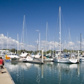 Bob, Lisa and Cathy walking around Cullen Bay harbor