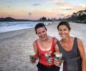 Anna and Lisa with a few beer margeritas on the beach