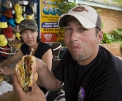 Jarrid and his first burger with \'the lot\'