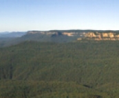 Panoramic of Blue Mountains National Park with the Three Sisters on the left taken from Echo Point