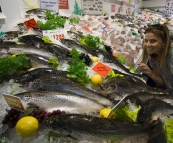 Lisa amongst a sea of fish at the Sydney Fish Market