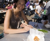 Jacque with some salt and pepper squid at the Sydney Fish Market