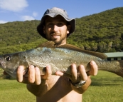 Sam with a solid Mulloway in Booti Booti National Park