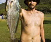 Sam with a solid Mulloway in Booti Booti National Park