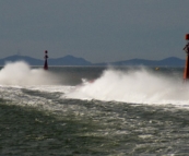 Powerboat water trails as they tear through the bay in Newcastle