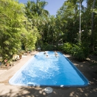 Lisa teaching an water aerobics class in the Hudson\'s pool