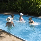 Lisa teaching an water aerobics class in the Hudson\'s pool