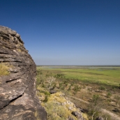 The edge of the sandstone escarpment and wetlands below at the Ubirr Aboriginal art site