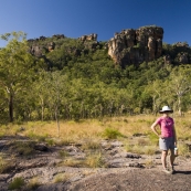 Lisa in front of the Arnhem Land escarpment at Burrunggui