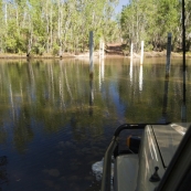 Sam driving across one of the water crossings into Twin Falls