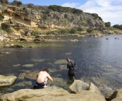 Sergey and Sam getting ready to go snorkeling at Bunker Bay