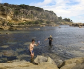 Sergey and Sam getting ready to go snorkeling at Bunker Bay