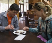 Sergey and Lisa tuck into a brownie with icecream at the Margaret River Chocolate Company