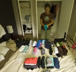 Lisa doing one of her favourite things: organizing her wardrobe before we hit the road