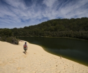 Chris and Lisa walking across the sandblow to Lake Wabby