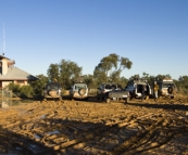 The National Parks and Wildlife Service building and stranded 4WD vehicles in Innamincka on Wednesday morning