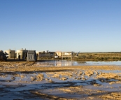 Stranded 4WD vehicles next to the phone booths in Innamincka on Wednesday morning