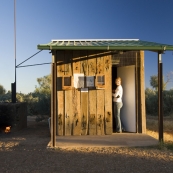 Lisa about to take a hot shower at Farina Campgrounds