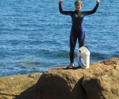 Lisa getting ready to go snorkeling in Coles Bay