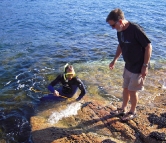 Greg helping Sam with a Yelloweye Mullet in Coles Bay
