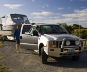 Grant pulling his abalone boat out of the shed