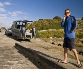 Grant getting ready to launch his abalone boat in Grassy