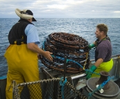 Rob and Russel pulling in a crayfish pot