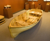 A beautiful Huon Pine boat in one of the galleries in Strahan