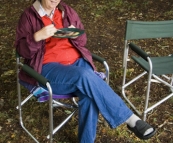 Carol enjoying blackberry pancakes for breakfast at Lilydale Falls