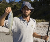 Sam with a Salmon Trout at Fortescue Bay