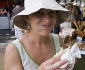 Lisa enjoying a Persian yiros at the Salamanca Markets