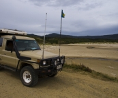 The Tank and her friend readying to cross the beach at Cloudy Bay